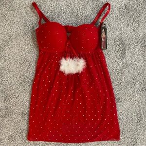 New Spree Size M Santa Red Sheer Babydoll Lingerie & G-String W/ Sequins